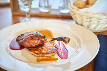 Roasted duck thigh with vegetable cutlet