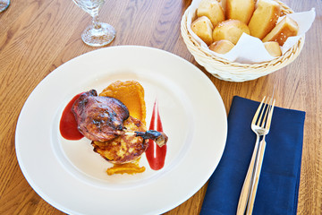 Roasted duck thigh with vegetable cutlet