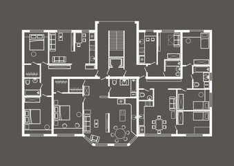 linear architectural sketch plan of apartment section on gray background