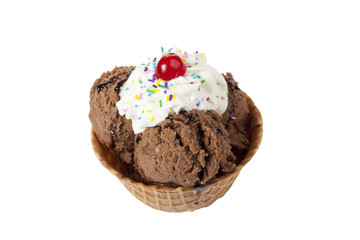 a cone of chocolate ice cream with cherry topping