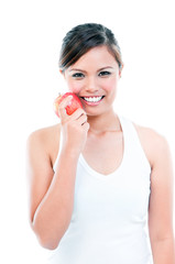 Happy Young Fitness Woman Holding Apple