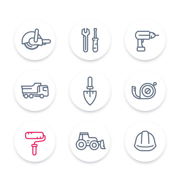 construction line icons, construction equipment and tools linear signs, pictograms, round icons set, vector illustration