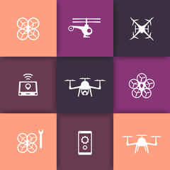 Drone, copter, quadrocopter round icons set, signs with drones, vector illustration