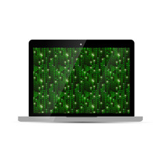 Glossy laptop with green matrix screen on white