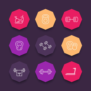 Gym equipment line icons on color octagonal shapes, vector illustration