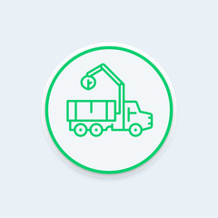 Truck with loader line icon, heavy transport vehicle sign, modern round icon, vector illustration