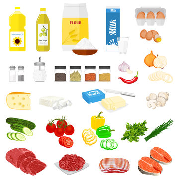 Set of pictures of the food for cooking and the recipes. Vector colorful illustration in flat style.