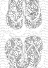 Hand drawn zentangle of flip flops at the beach for coloring book