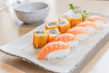 homemade sushi with salmon, cream cheese Philadelphia, Japanese