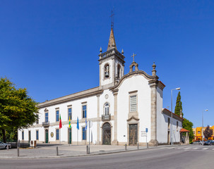 Panorama of the Lapa Chapel - a Sacred Art Museum (right), and the Lusiada University branch (left) in Vila Nova de Famalicao, Portugal.