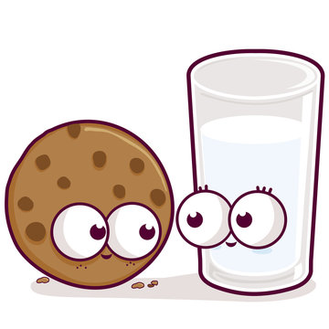 Cartoon glass of milk and cookie characters. Vector illustration
