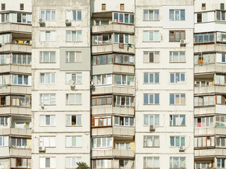 Fototapeta na wymiar Balconies in a modern pre-fabricated house. Kiev, Ukraine. European travel photo.