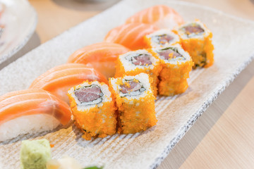 homemade sushi with salmon, cream cheese Philadelphia, Japanese