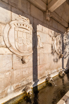Fontinha, the renaissance fountain in Republica Square of Alter do Chao. Detail of the Portuguese Coat of Arms. Portugal.
