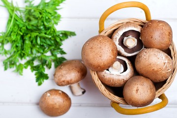 mushrooms in the basket. top viev