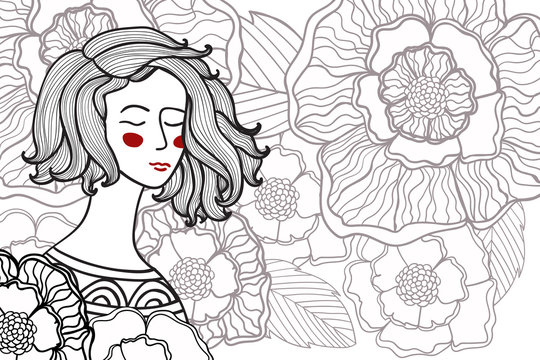 Vector illustration zentangl, doodle portrait of woman, girl in a flowers. 
