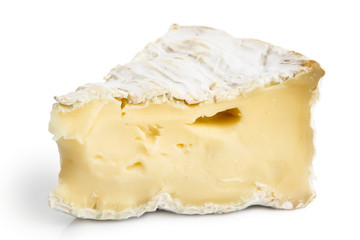 Detail of one piece of white mould cheese isolated on white. - obrazy, fototapety, plakaty