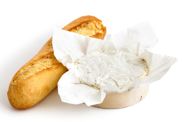 White mould cheese in wrapping with baguette isolated on white.