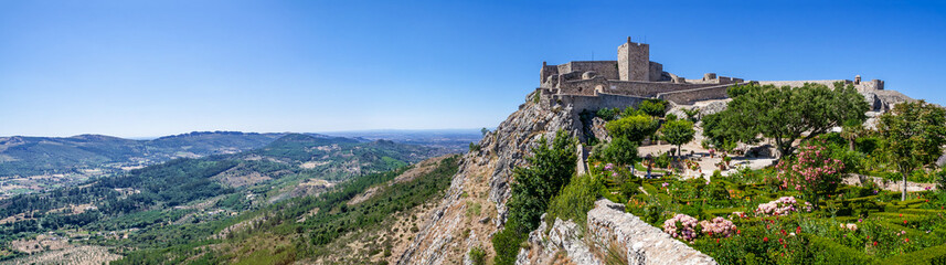 The Marvao Castle located on top of a cliff with a view over the Alto Alentejo landscape. Marvao, Portalegre District, Alto Alentejo Region, Portugal. Candidate to World Heritage Site by UNESCO.