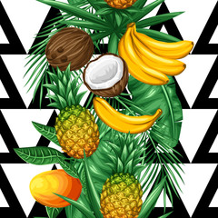 Seamless pattern with tropical fruits and leaves. Background made without clipping mask. Easy to use for backdrop, textile, wrapping paper