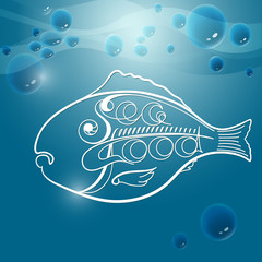 Vector illustration with bubbles, fish and handwritten word Seaf
