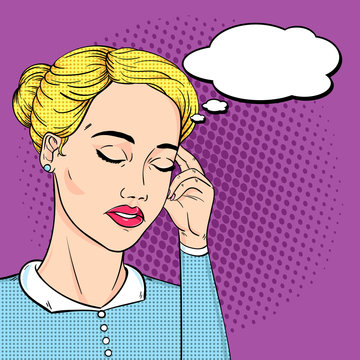 Business woman headache with thought bubble in pop art retro comic style. Vector stressed woman worker tired face.