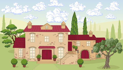 Cartoon landscape with house, trees and clouds.