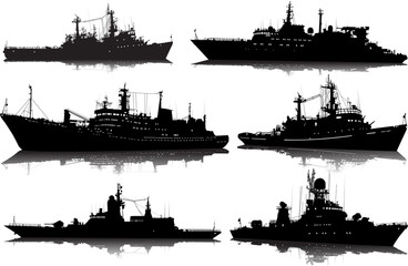 Vector set of six silhouettes of the military ship on a white background