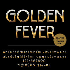 Vector set of royal golden alphabet letters, numbers and punctuation symbols. Art Deco style