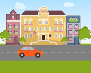 City landscape in flat design style. Vector illustration. On the picture buildings, the road, the car are presented