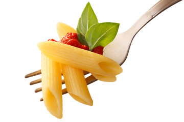 Penne rigate pasta with tomato sauce and basil on a fork