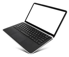 Hovering aluminium laptop with blank screen, isolated on a white