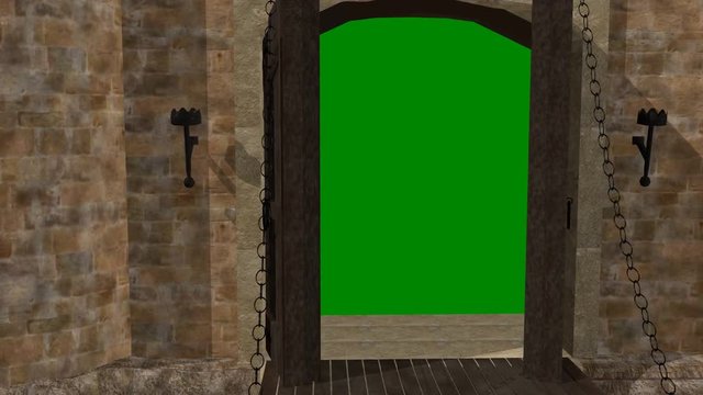 Burgtor das sich &ouml;ffnet, mit green screen Hintergrund