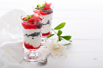 Red blue and white yogurt parfait