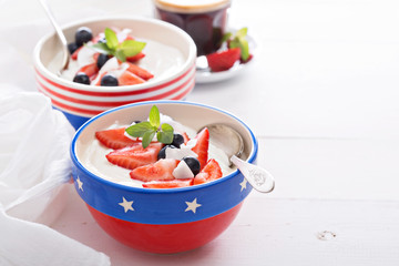 Yogurt bowls with strawberry and blueberry