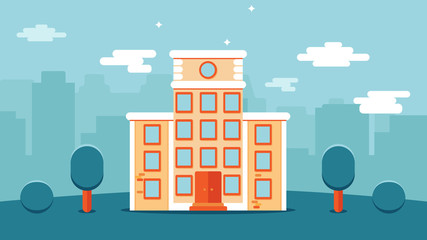 School or university high vector flat city house. tree around and silhouette city landscape on the background