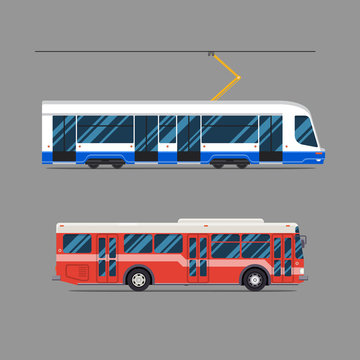 Tram set flat design. vector city transportation