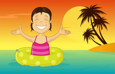 Happy cartoon girl swimming in the sea on the summer vacation vector illustration