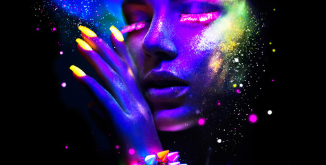 Fashion woman in neon light, portrait of beauty model with fluorescent makeup - obrazy, fototapety, plakaty