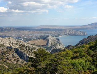 View towards Sudak from Sokol (Hawk) Mountain, Crimea, Russia.
