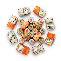 Set of sushi maki and rolls at black rustic wood. © Prostock-studio