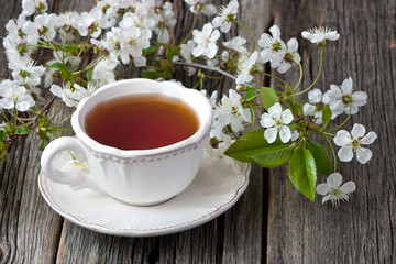 Spring composition with blossom branch and tea cup