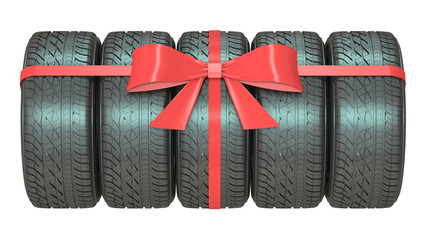 Gift set of tires wrapped ribbon and bow, 3D rendering