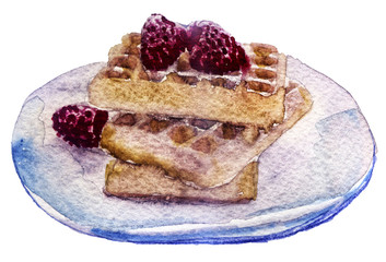 Watercolor Belgium waffles with berries