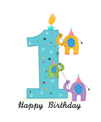 Happy first birthday with elephants baby boy greeting card vector