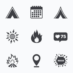 Tourist camping tent signs. Fire flame icons.