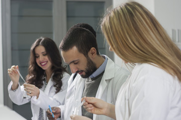 Obraz premium Group of young medical workers are working in lab as lab technic