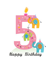 Happy fifth birthday with elephants baby girl greeting card vector