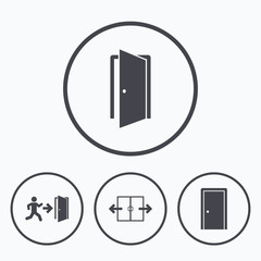 Doors signs. Emergency exit with arrow symbol.