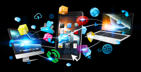 Tech devices and icons applications connected to each other © sdecoret